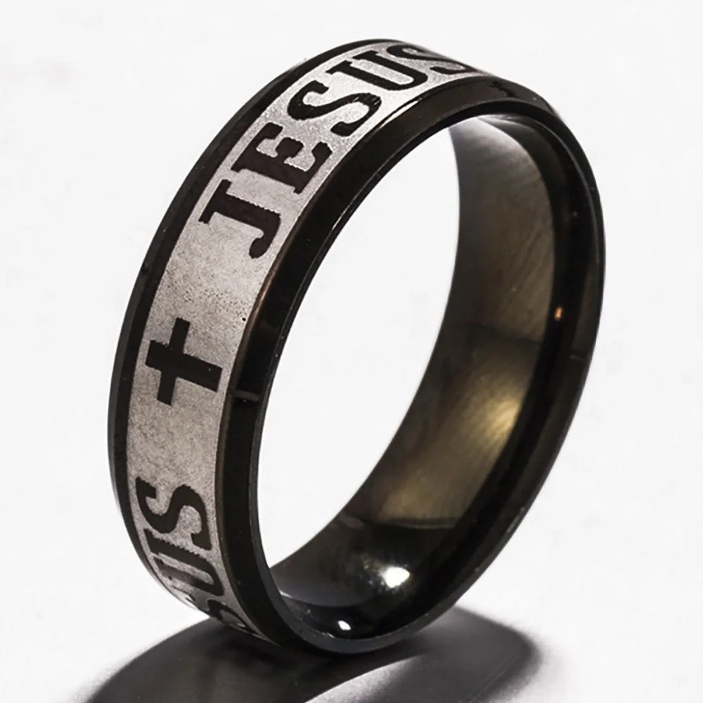 Jesus Cross Prayer Ring Stainless Black And Silver Band!